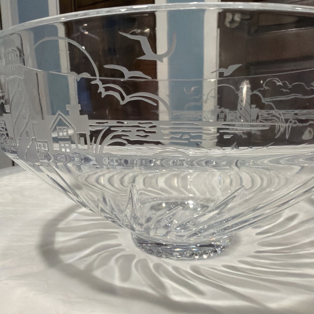 Vintage Lenox Crystal Lighthouse Etched Centerpiece Bowl Nautical Coastal 9.5"